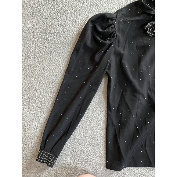 Voila Button Up Top 12 Large Bow Asymmetric Polka Dot Long Sleeve Retro Blouse - Picture 5 of 16